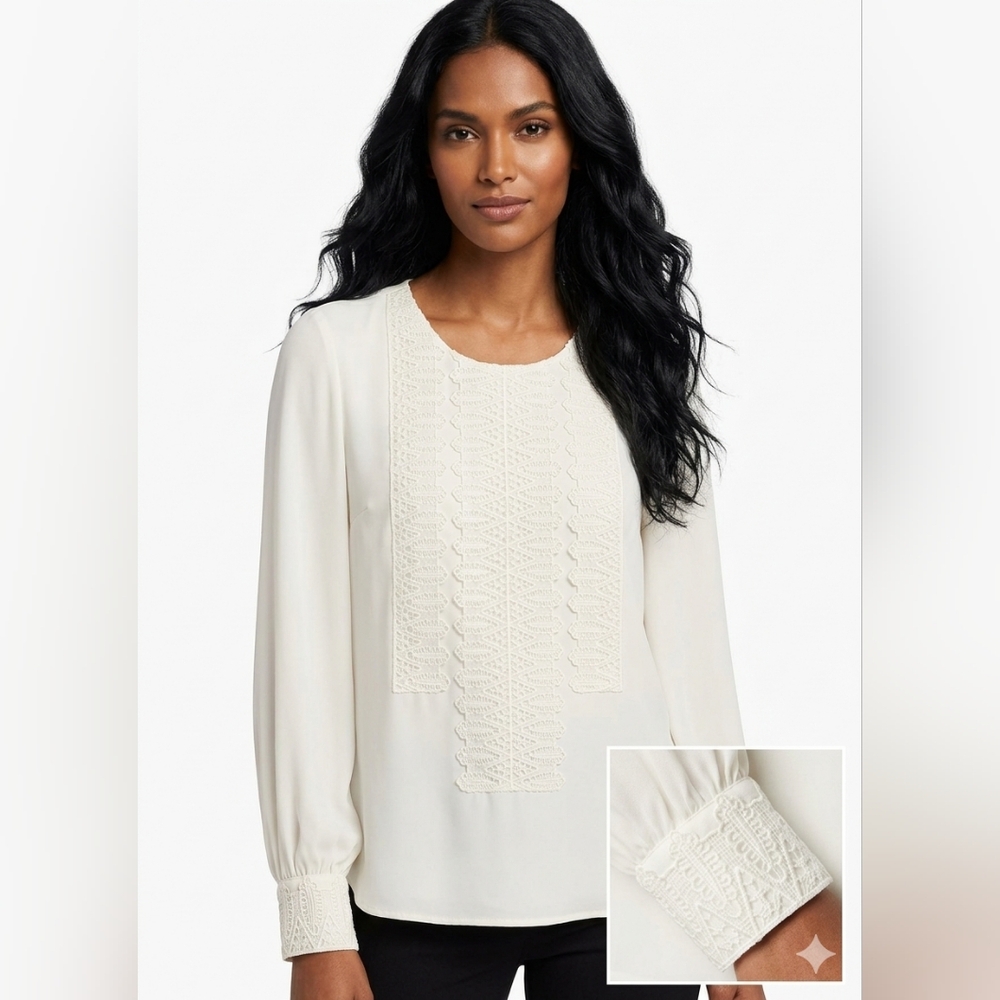 White House Black Market Cream Crochet-Panel Long-Sleeve Blouse Size S